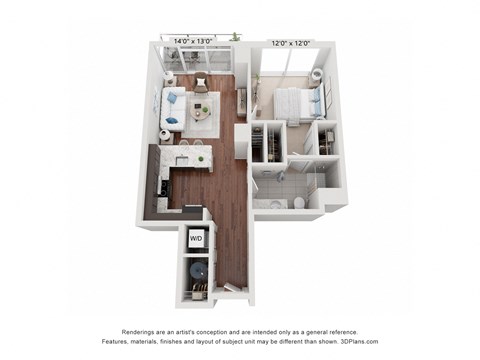 Floor plan for 1 bed, 1 bath, 714 sqft